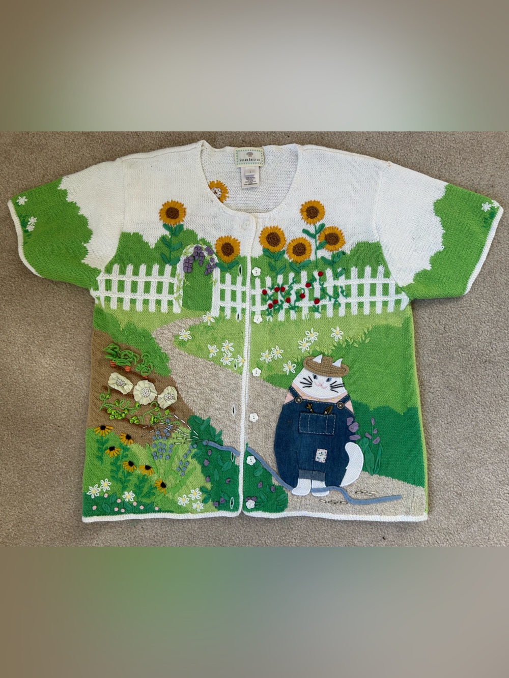 Vintage Susan Bristol Garden Cat Cardigan Sweater size L